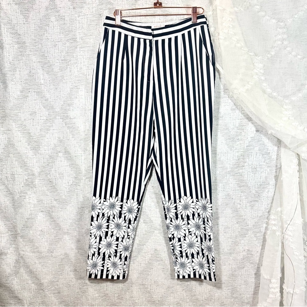 A.Peach black & white striped pants with floral print size M